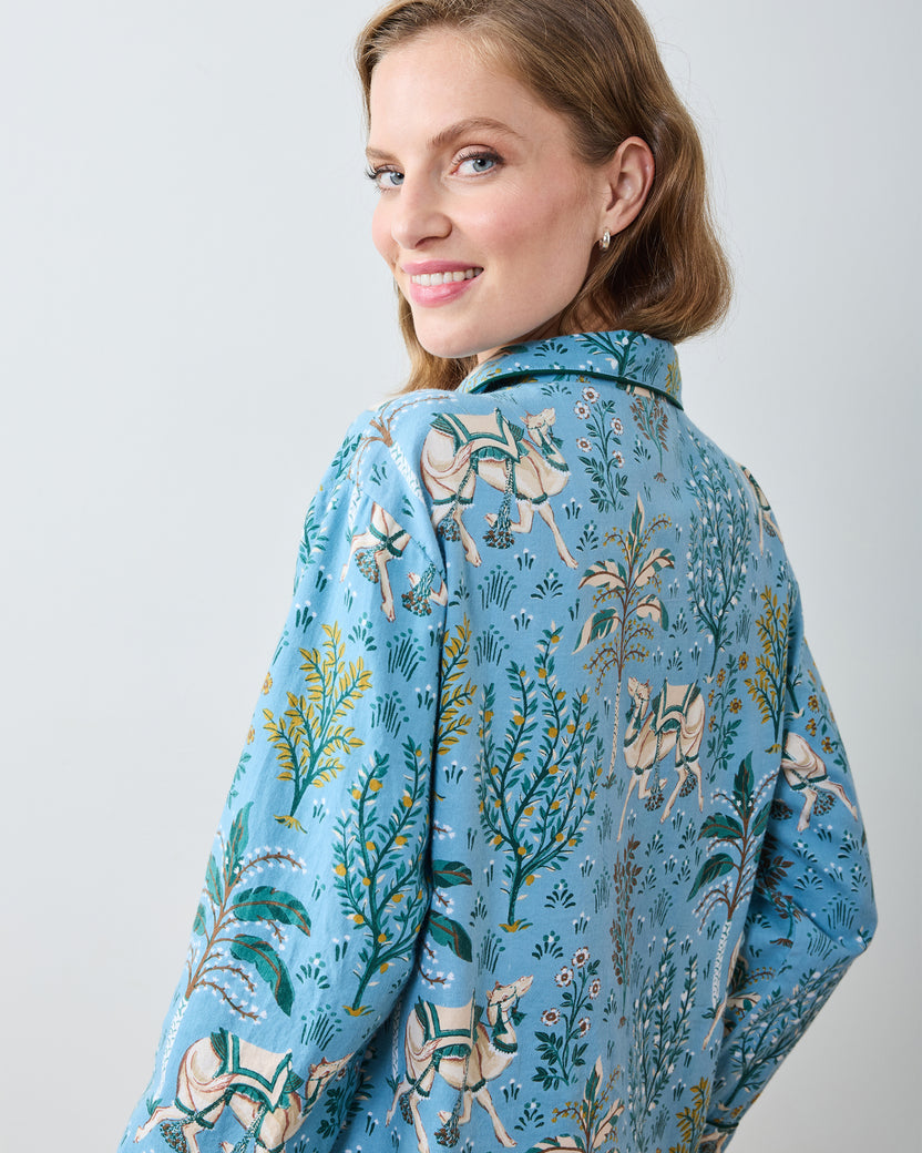 Camel's Courtyard - Lightweight Flannel Long PJ Set - Slate Blue - Printfresh