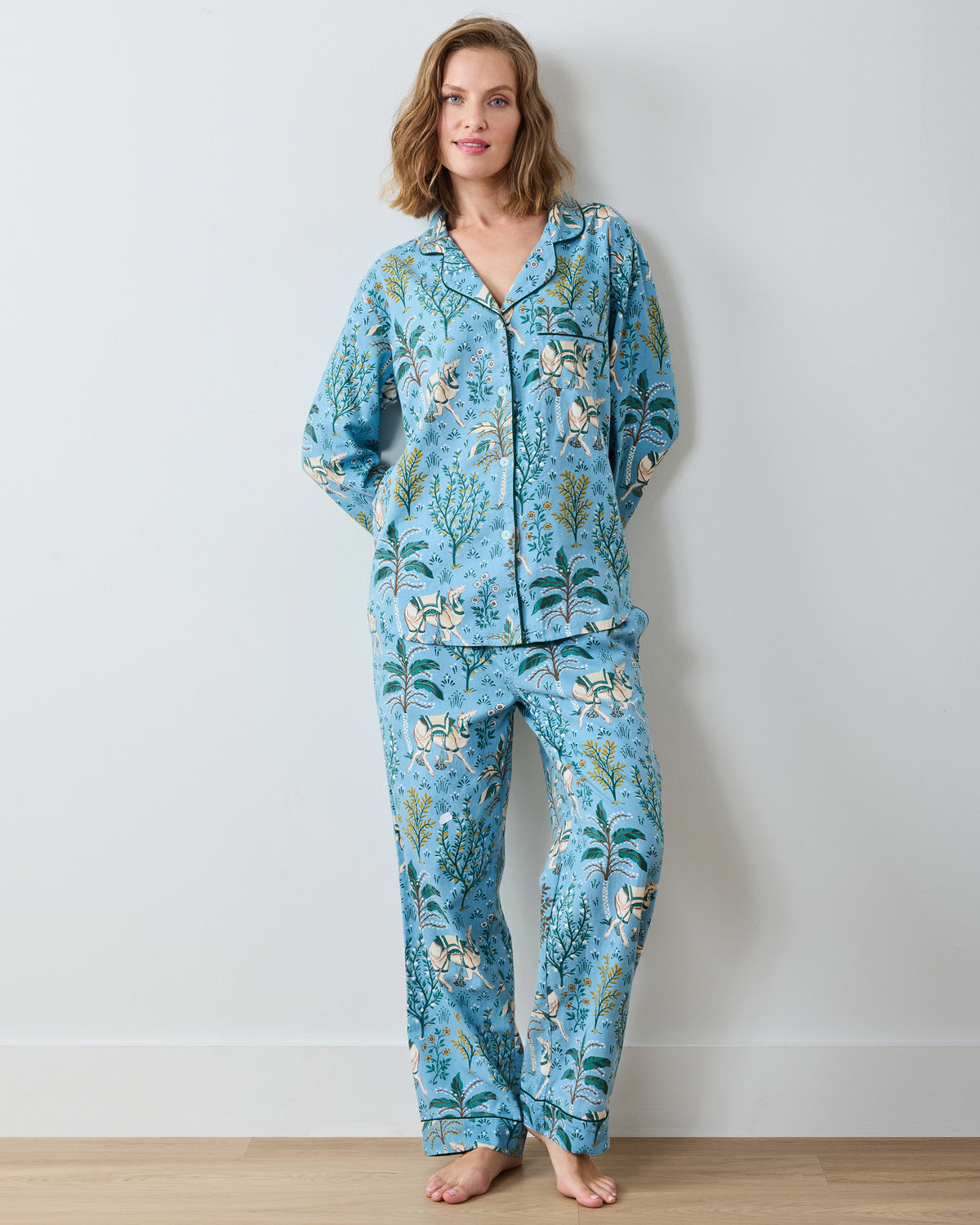 Camel's Courtyard - Lightweight Flannel Long PJ Set - Slate Blue - Printfresh