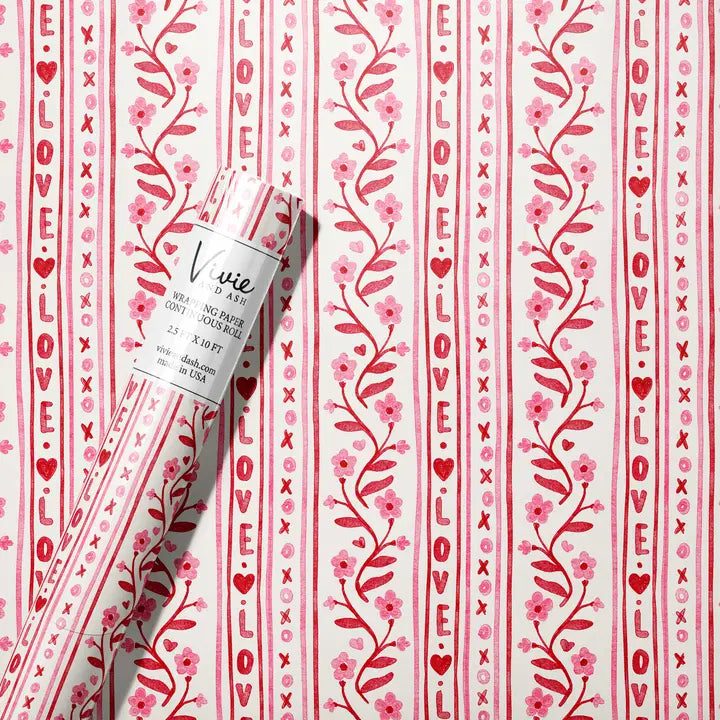 Vivie & Ash - Love Text Floral Stripe Valentine Wrapping Paper Roll - Pink/Red Combo - Printfresh
