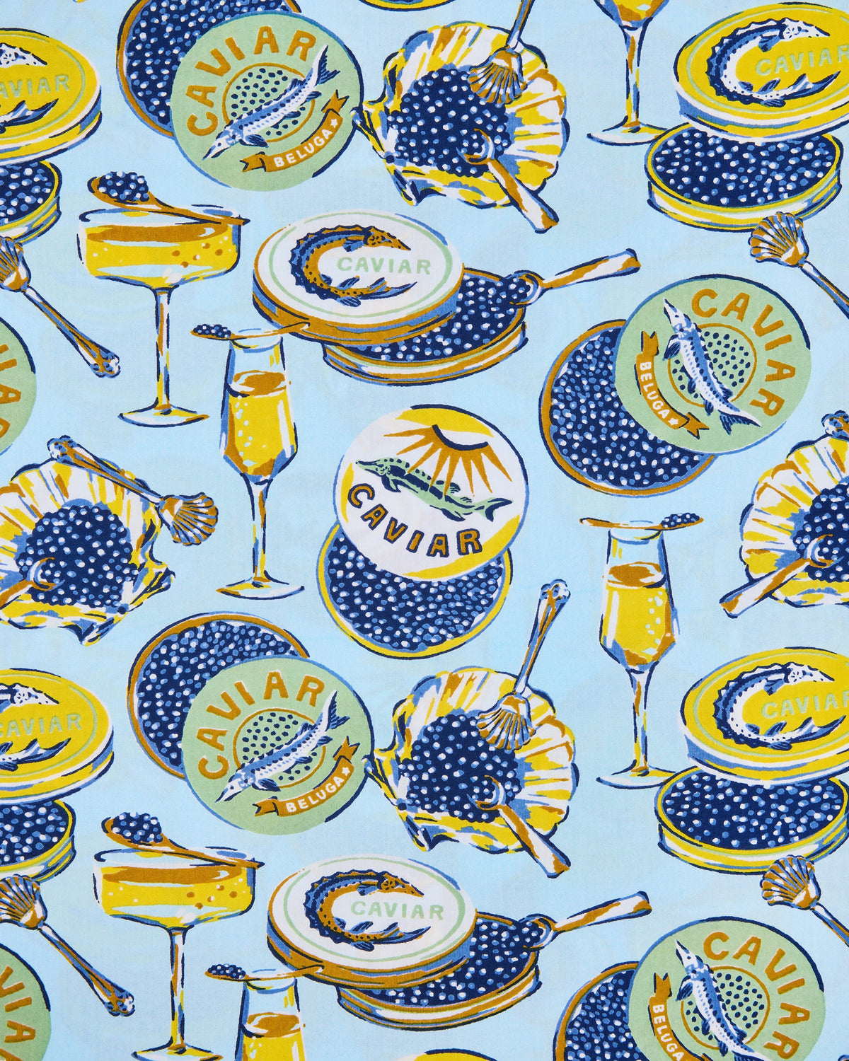 Close-up fabric print showing caviar tins, champagne glasses, serving spoons, and shells on a pale blue background.