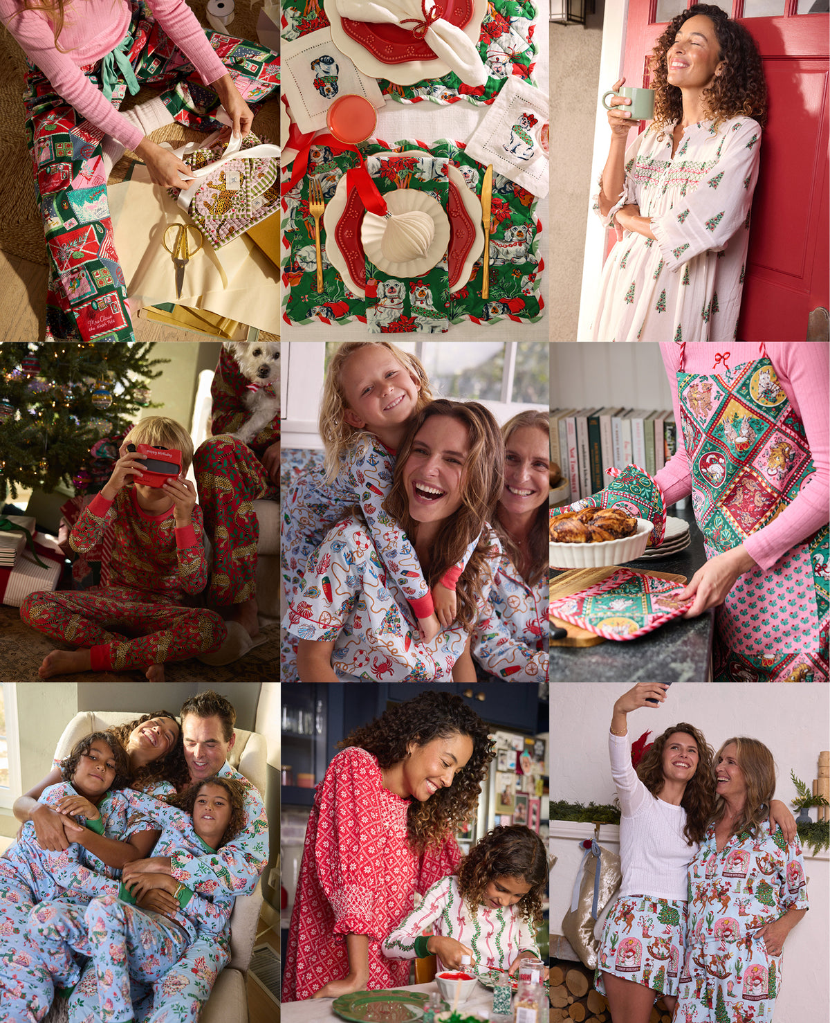 Collage of people wearing patterned holiday clothing, decorating a table, opening gifts, and spending time together.