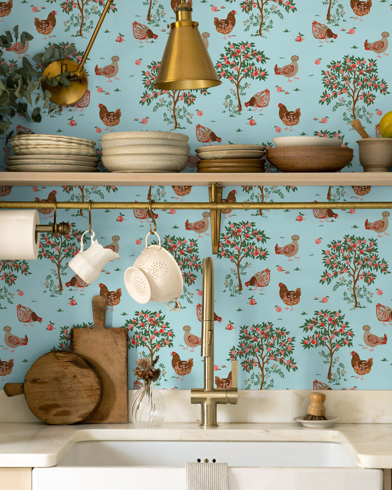 Hen House - Peel & Stick Wallpaper - Aqua - Printfresh