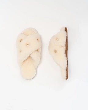 Beige Sheepskin Slippers with Rhinestones - Printfresh