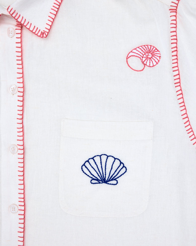 Embroidered Shells - Linen Everyday Button Down - Cloud - Printfresh