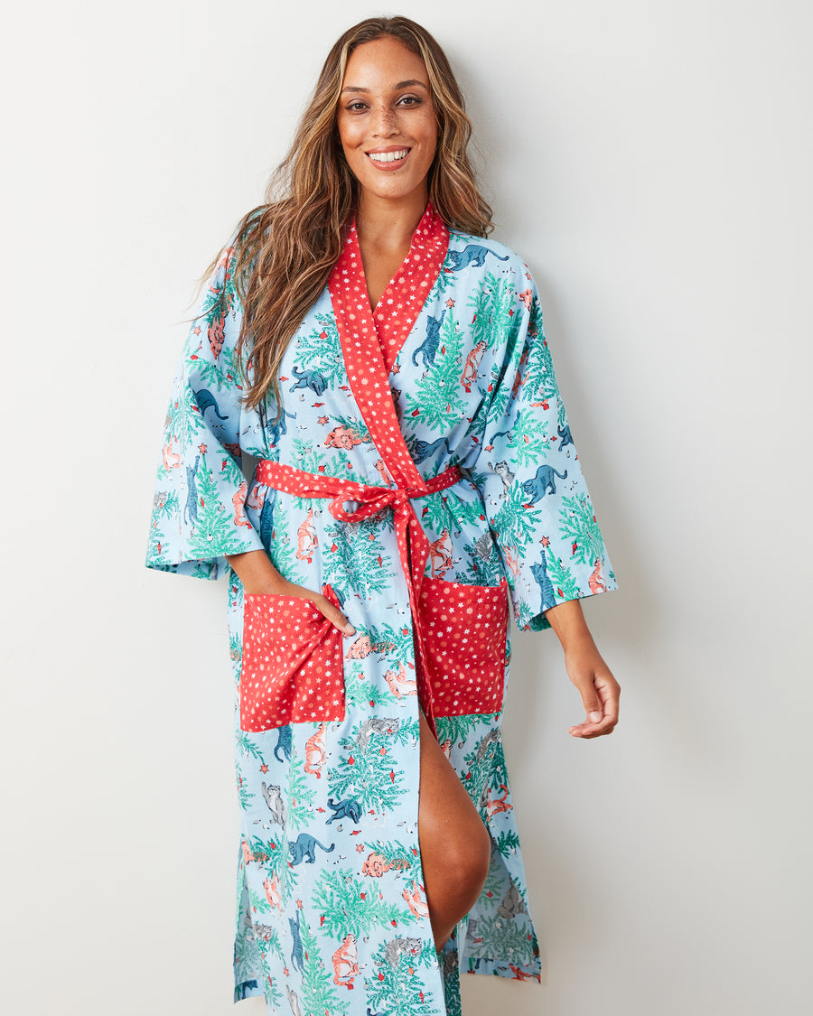 Frisky Firs - Lightweight Flannel Robe - Twinkling Blue - Printfresh