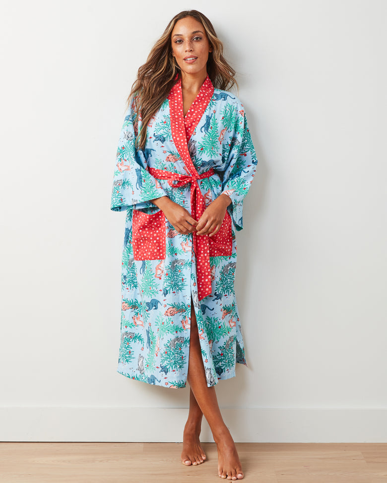 Frisky Firs - Lightweight Flannel Robe - Twinkling Blue - Printfresh
