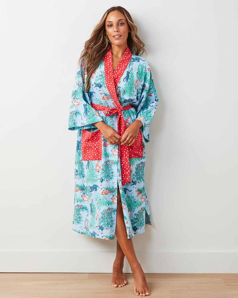 Frisky Firs - Lightweight Flannel Robe - Twinkling Blue - Printfresh