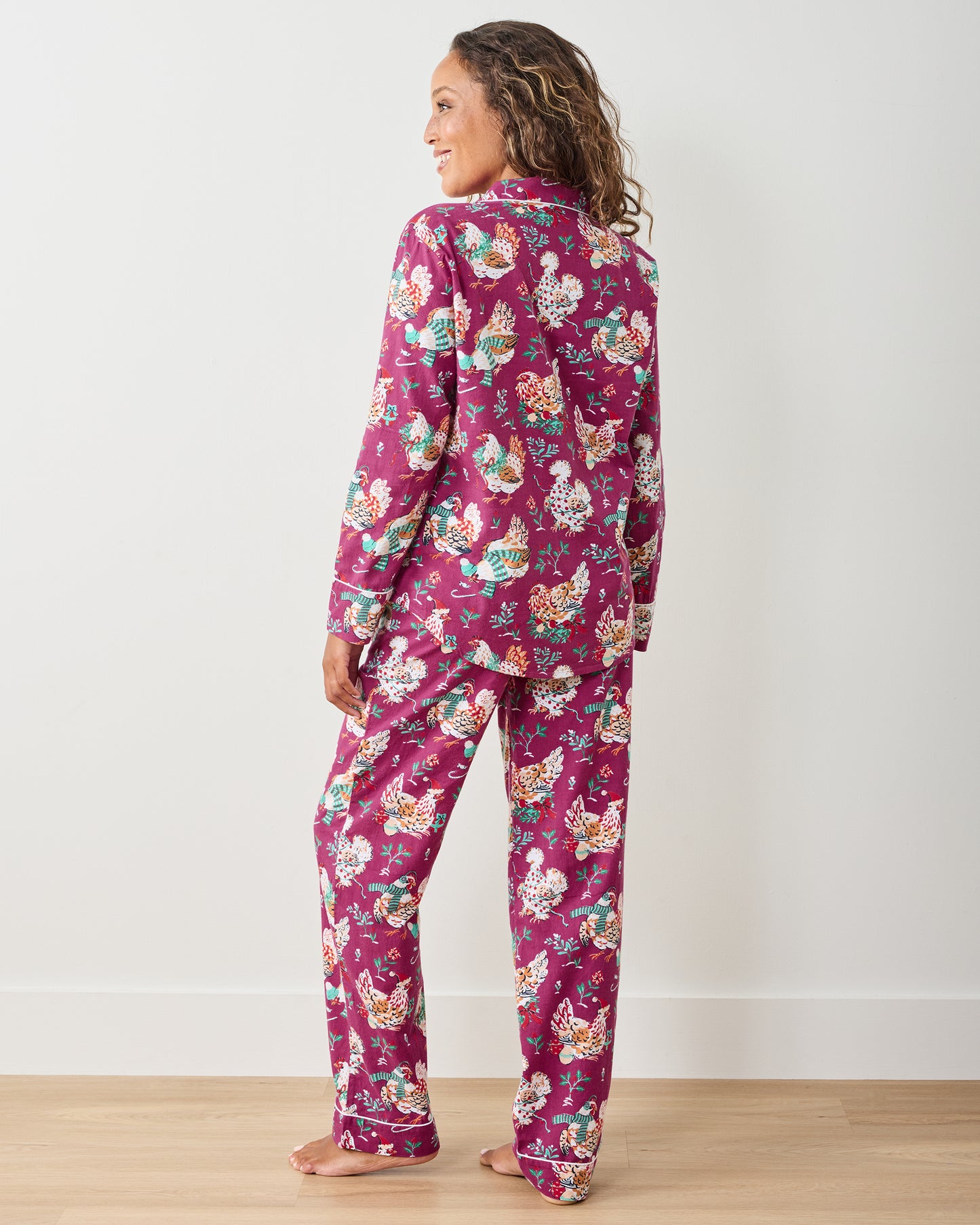 Holiday Hens - Lightweight Flannel Long PJ Set - Burgundy - Printfresh