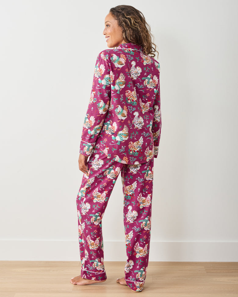 Holiday Hens - Lightweight Flannel Long PJ Set - Burgundy - Printfresh