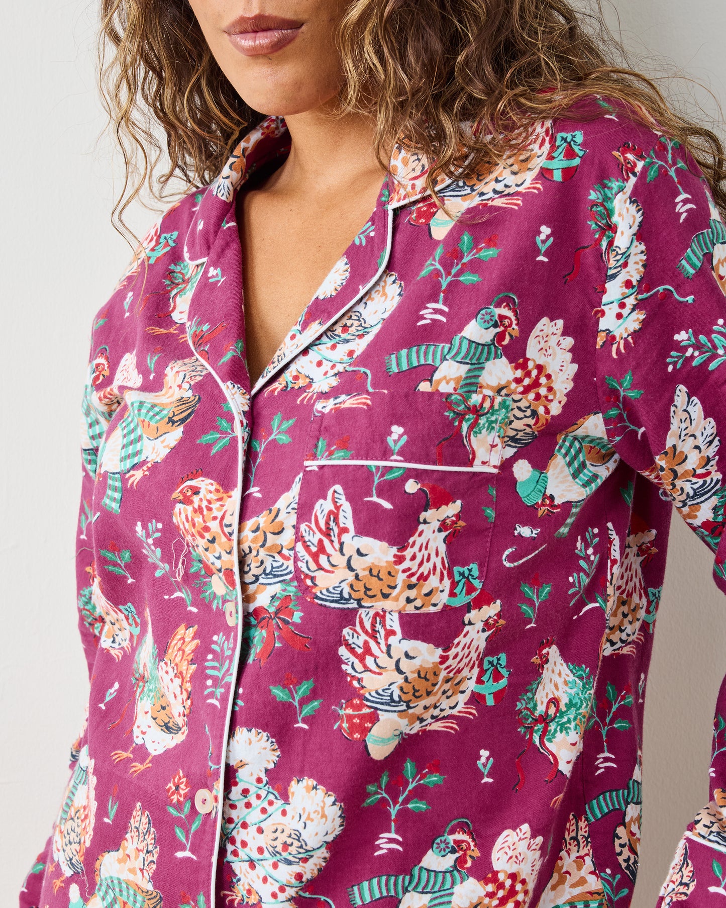 Holiday Hens - Lightweight Flannel Long PJ Set - Burgundy - Printfresh