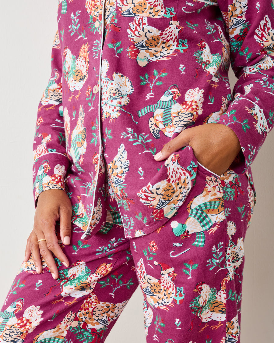 Holiday Hens - Lightweight Flannel Long PJ Set - Burgundy - Printfresh