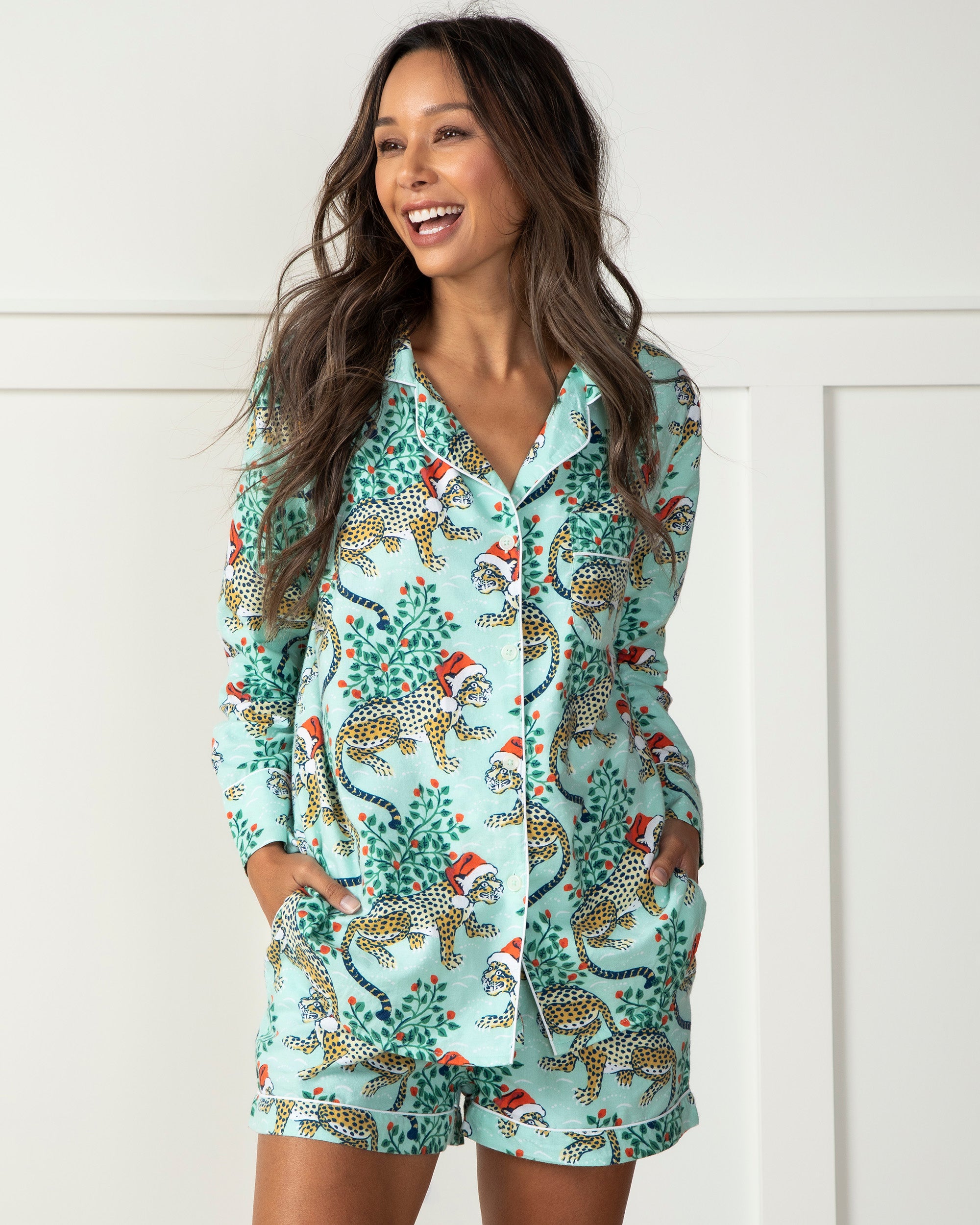 Holly Jolly Bagheera - Flannel Long Sleeve Top & Shorts Set - Frosted Mint - Printfresh