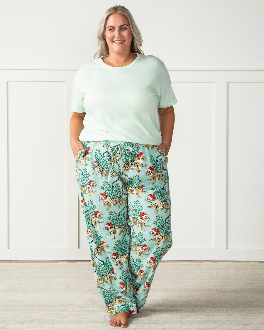 Holly Jolly Bagheera - Flannel Pajama Pants - Frosted Mint - Printfresh