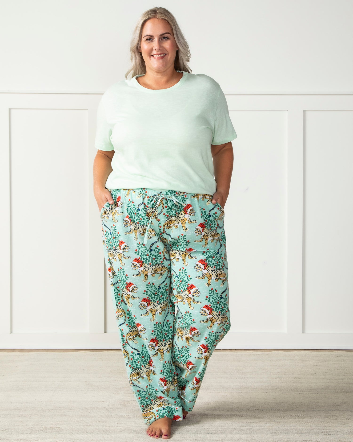 Holly Jolly Bagheera - Tall Flannel Pajama Pants - Frosted Mint - Printfresh