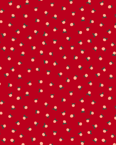 Red fabric swatch with a repeating pattern of small berries and green leaves for the Jams & Jellies dinner napkins.
