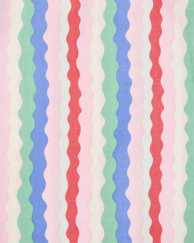 Wavy vertical stripe print in pink, cream, green, blue, and red