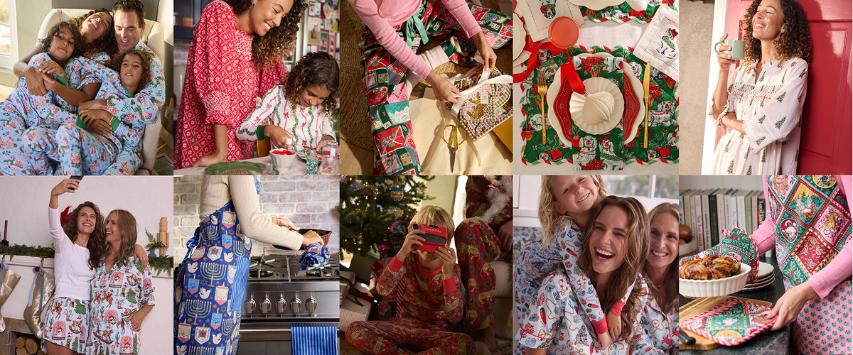 Collage of holiday scenes featuring people in patterned sleepwear, decorated tables, wrapped gifts, and printed textiles.