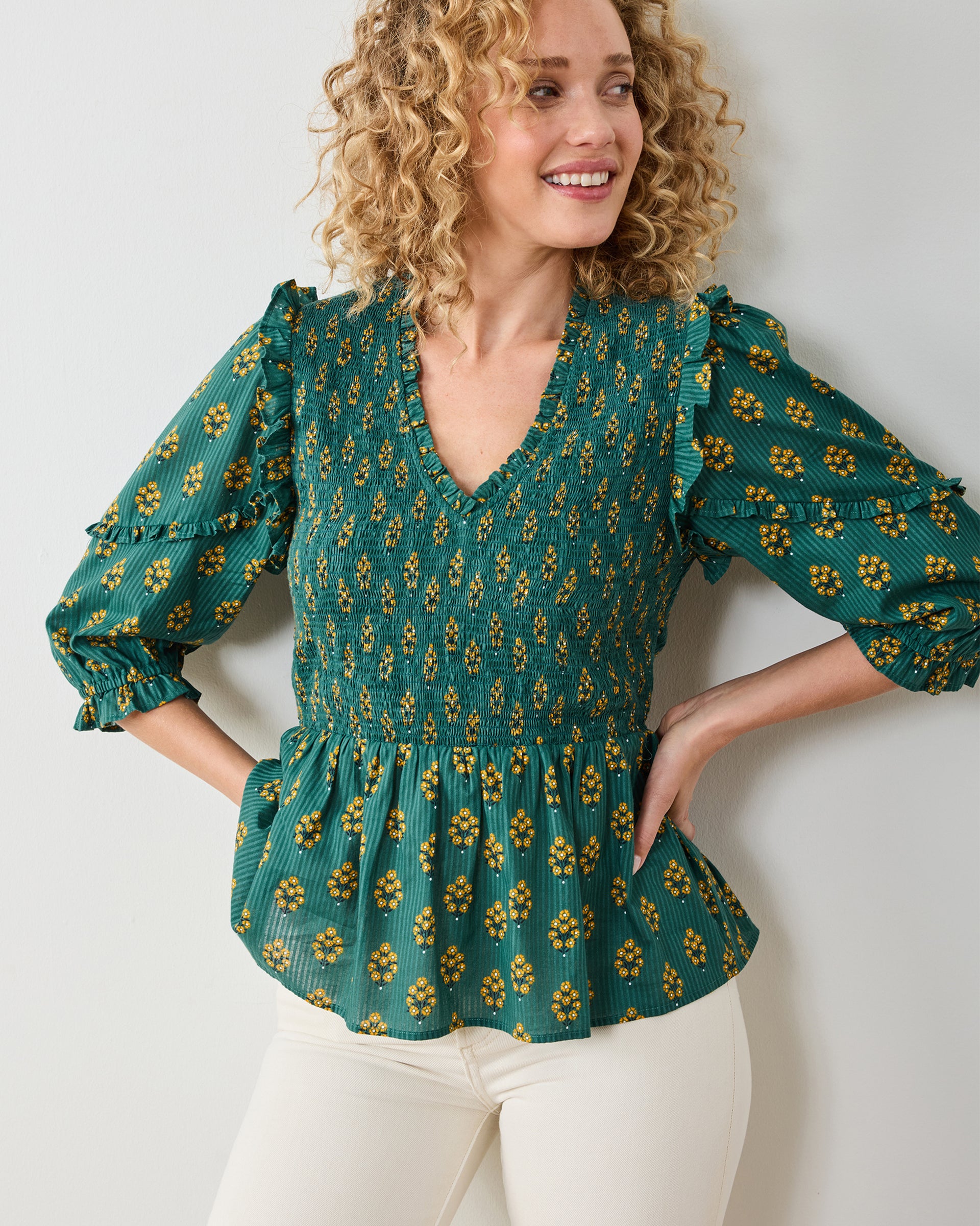 Organic Cotton Half Sleeve Ruffled Blouse in Texas Bouquet | Women's S | Green Organic Cotton Half Sleeve Ruffled Blouse in Texas Bouquet | Women's S | Green