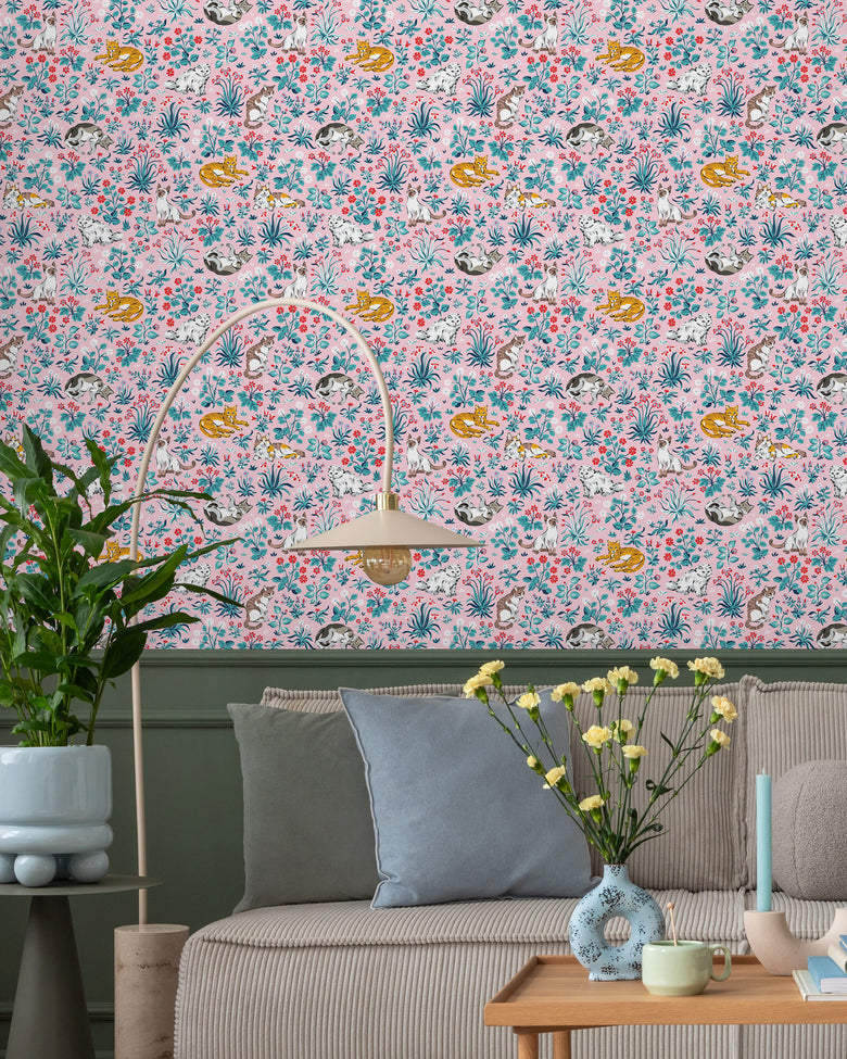 Must Love Cats - Peel & Stick Wallpaper - Pink - Printfresh