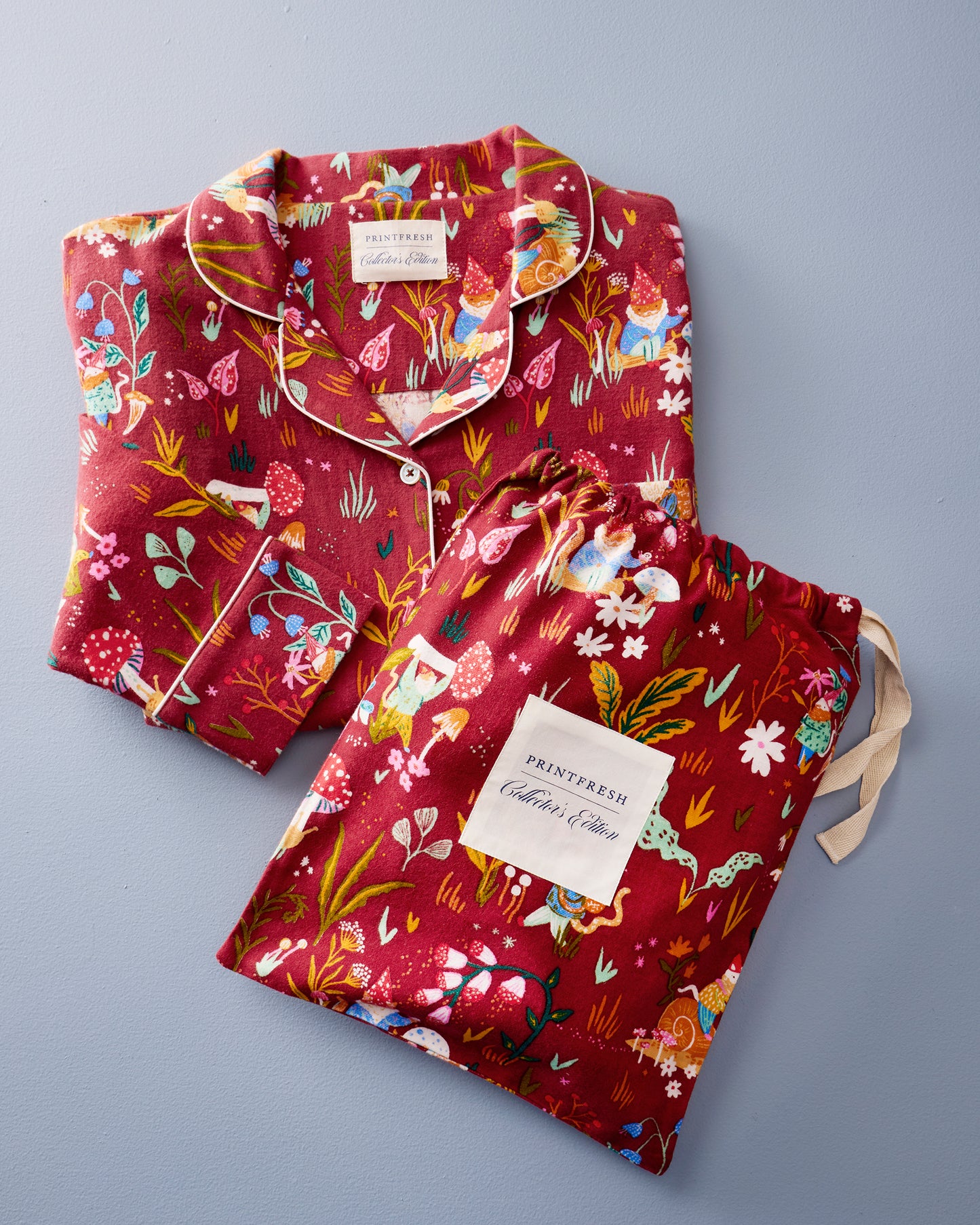 Gnome Garden - Midweight Flannel Long PJ Set - Garnet - Printfresh