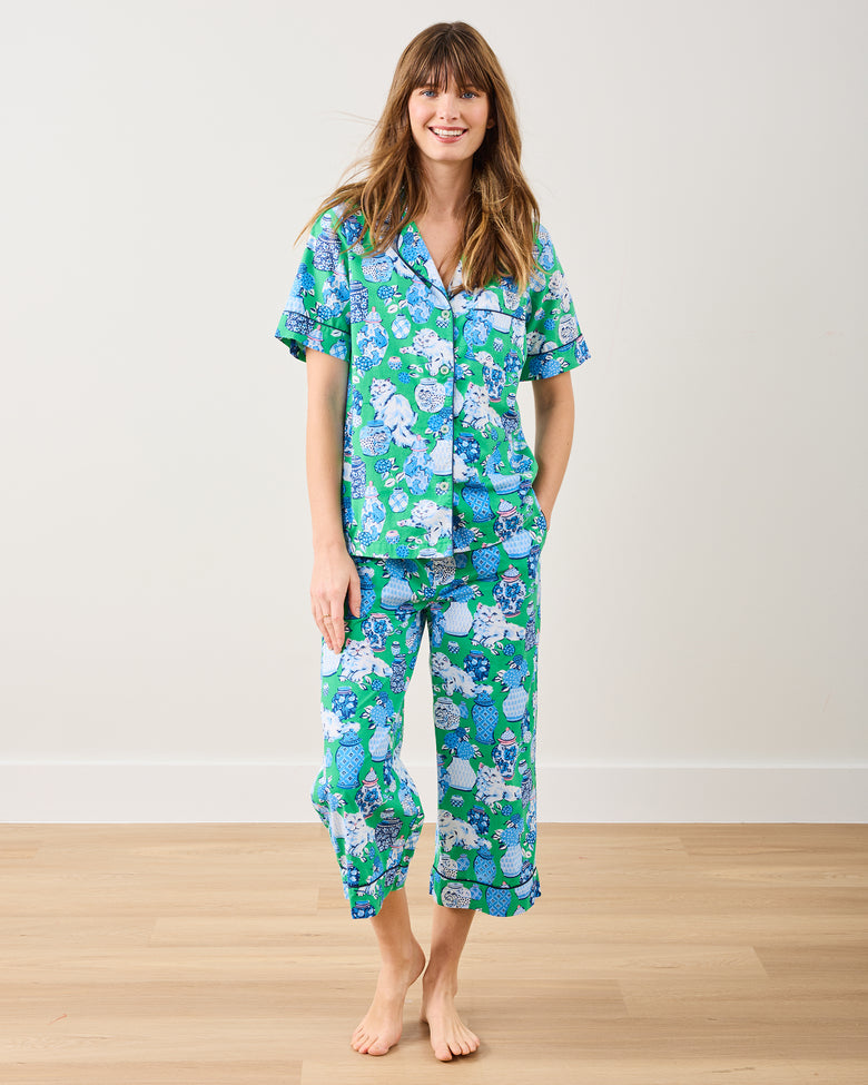 Fancy Cat - Short Sleeve Top & Cropped Pants Set - Green Juice - Printfresh
