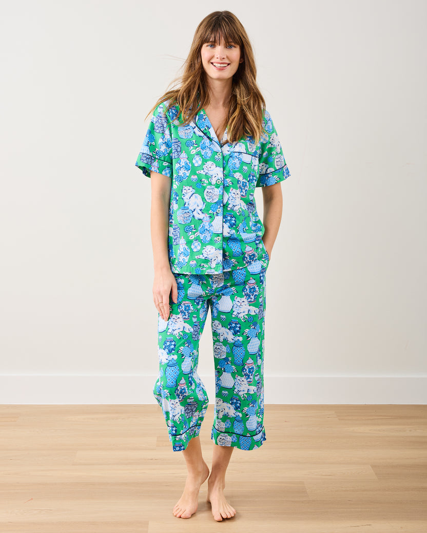 Fancy Cat - Short Sleeve Top & Cropped Pants Set - Green Juice - Printfresh