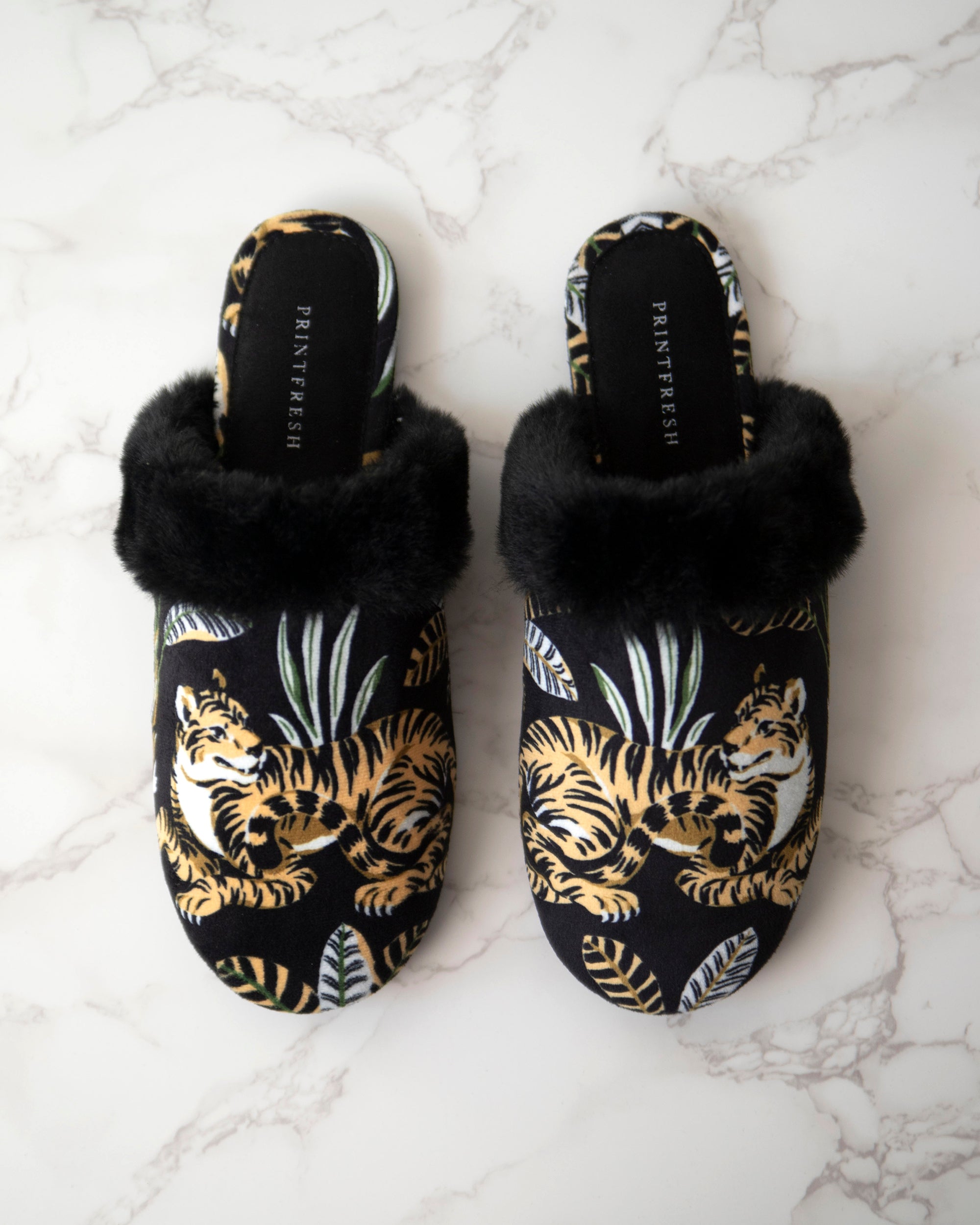 Untamed Tiger - Velvet Faux-Fur Slippers - Gold Ink - Printfresh