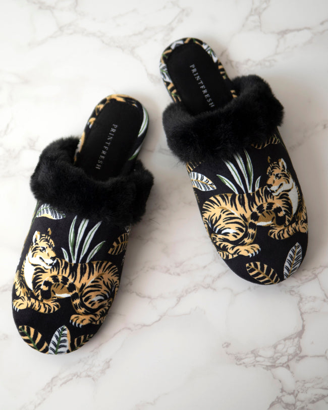 Untamed Tiger - Velvet Faux-Fur Slippers - Gold Ink - Printfresh