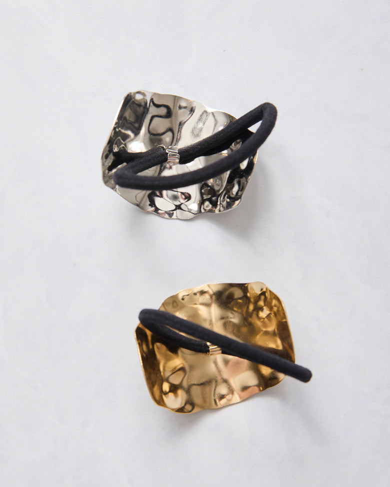 Silver/Gold - 2 Pack Hammered Metal Hair Ties - Banded - Printfresh