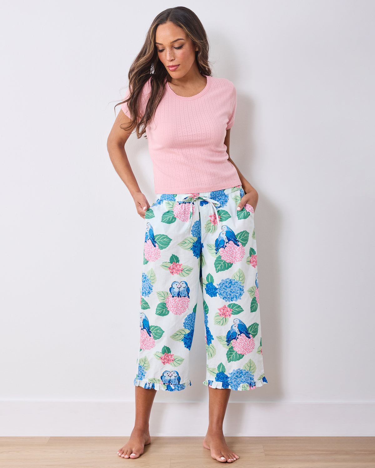 Hydrangea Honeymoon - Ruffle Cropped Pants - Cloud - Printfresh