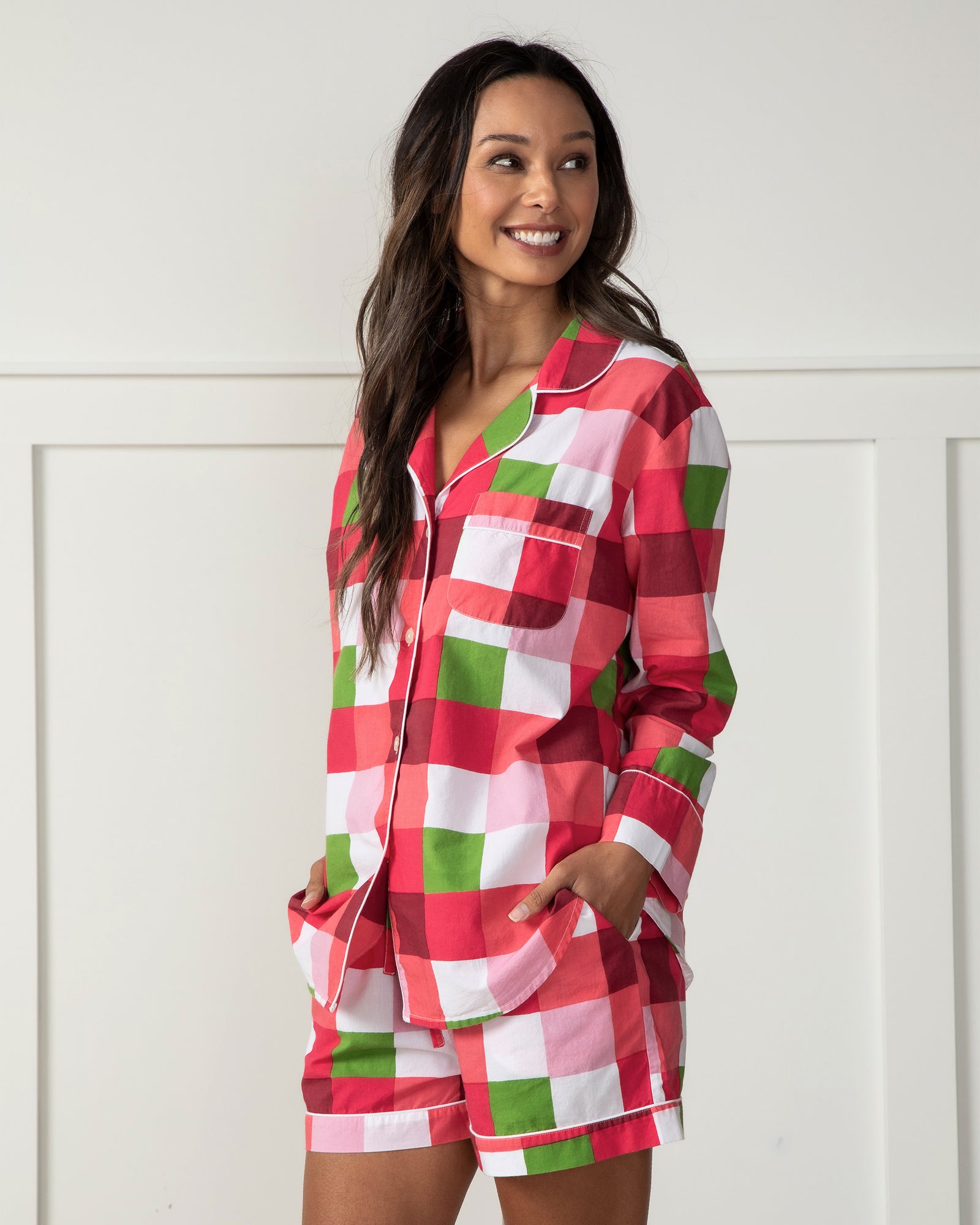 Buffalo Plaid - Long Sleeve Top & Shorts Set - Mulled Wine - Printfresh