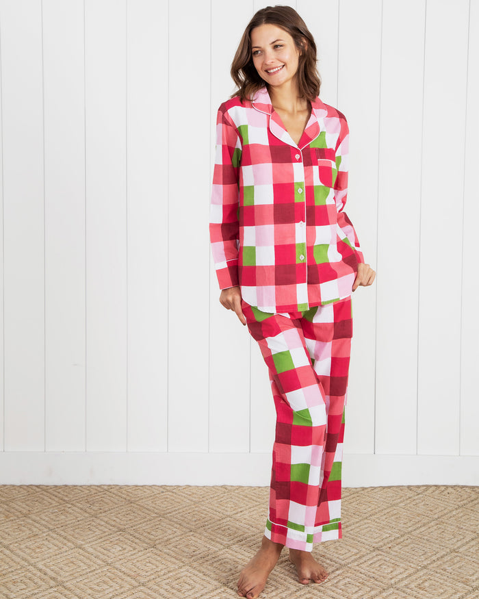 Buffalo Plaid - Women's Cotton Long Sleeve Top & Shorts Set