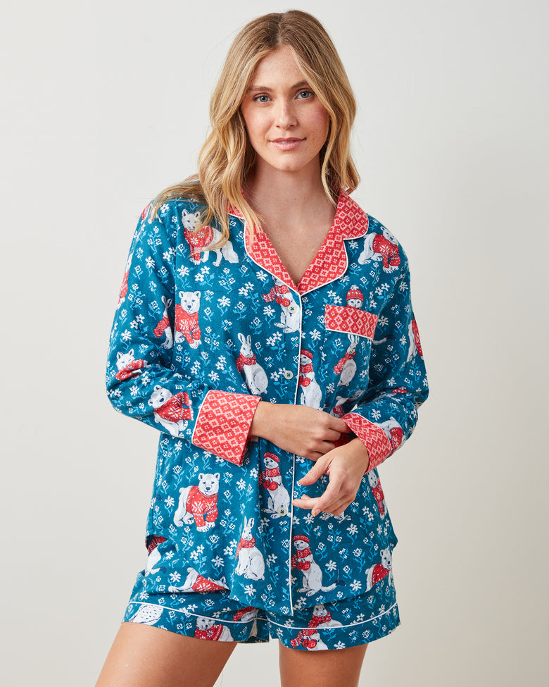 Bundled Up - Lightweight Flannel Long Sleeve Top & Shorts Set - Navy - Printfresh