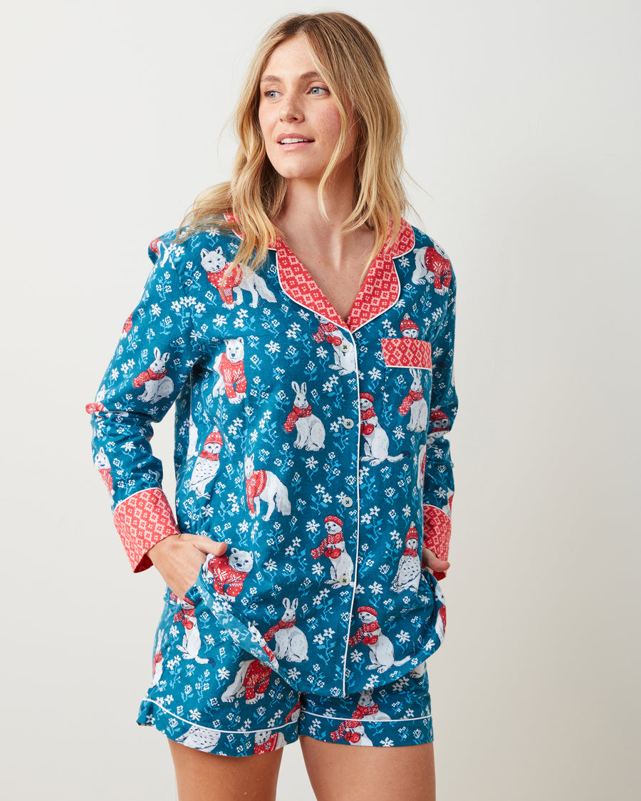 Bundled Up - Lightweight Flannel Long Sleeve Top & Shorts Set - Navy - Printfresh