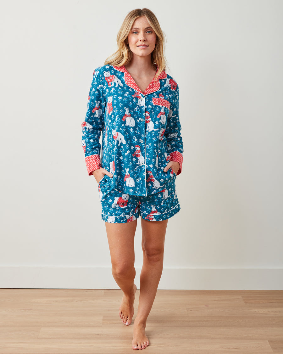 Bundled Up - Lightweight Flannel Long Sleeve Top & Shorts Set - Navy - Printfresh