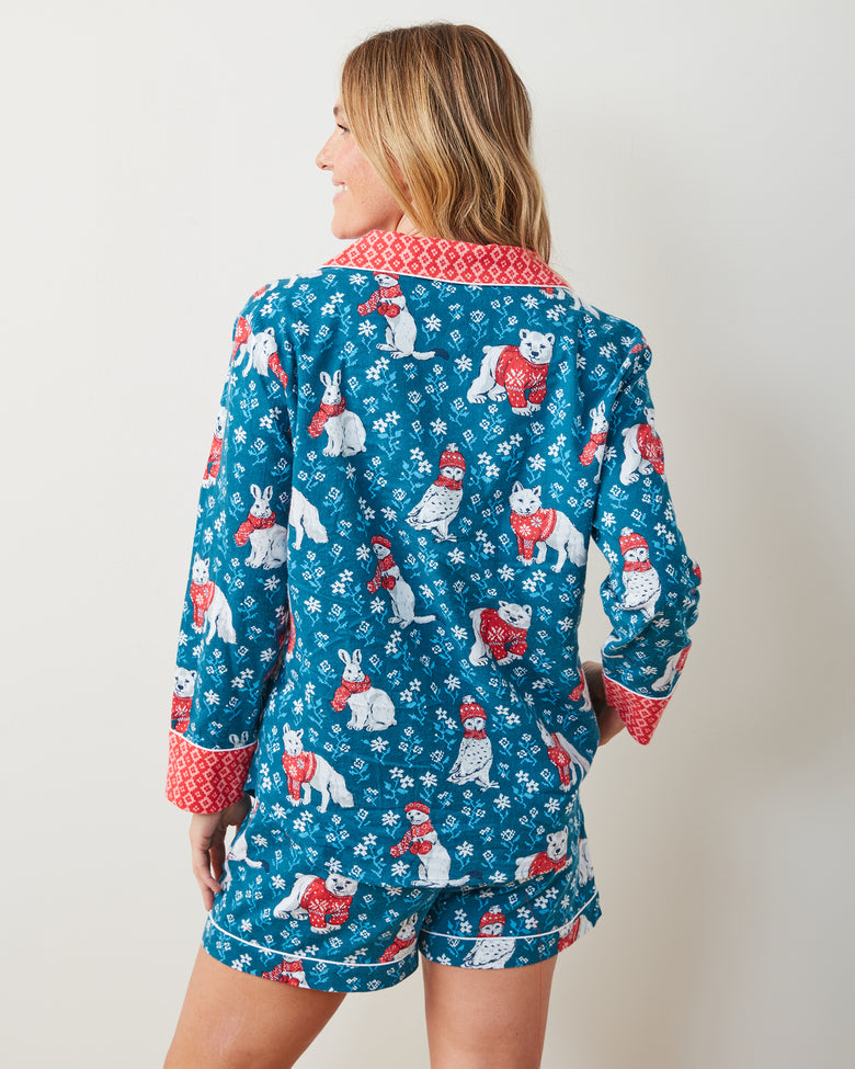 Bundled Up - Lightweight Flannel Long Sleeve Top & Shorts Set - Navy - Printfresh