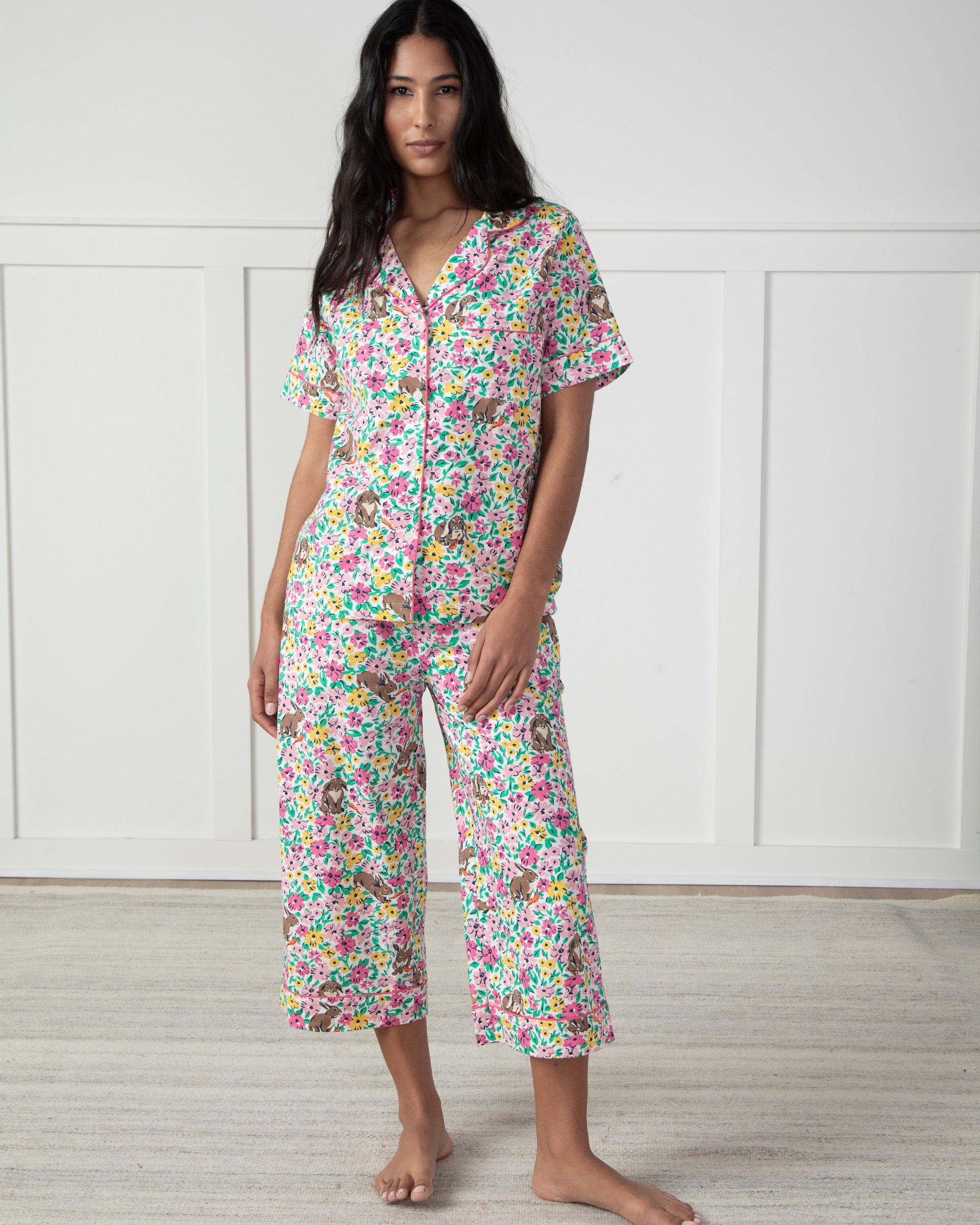 Bunny Trail - Short Sleeve Top & Cropped Pajama Pants Set - Spring Meadow - Printfresh