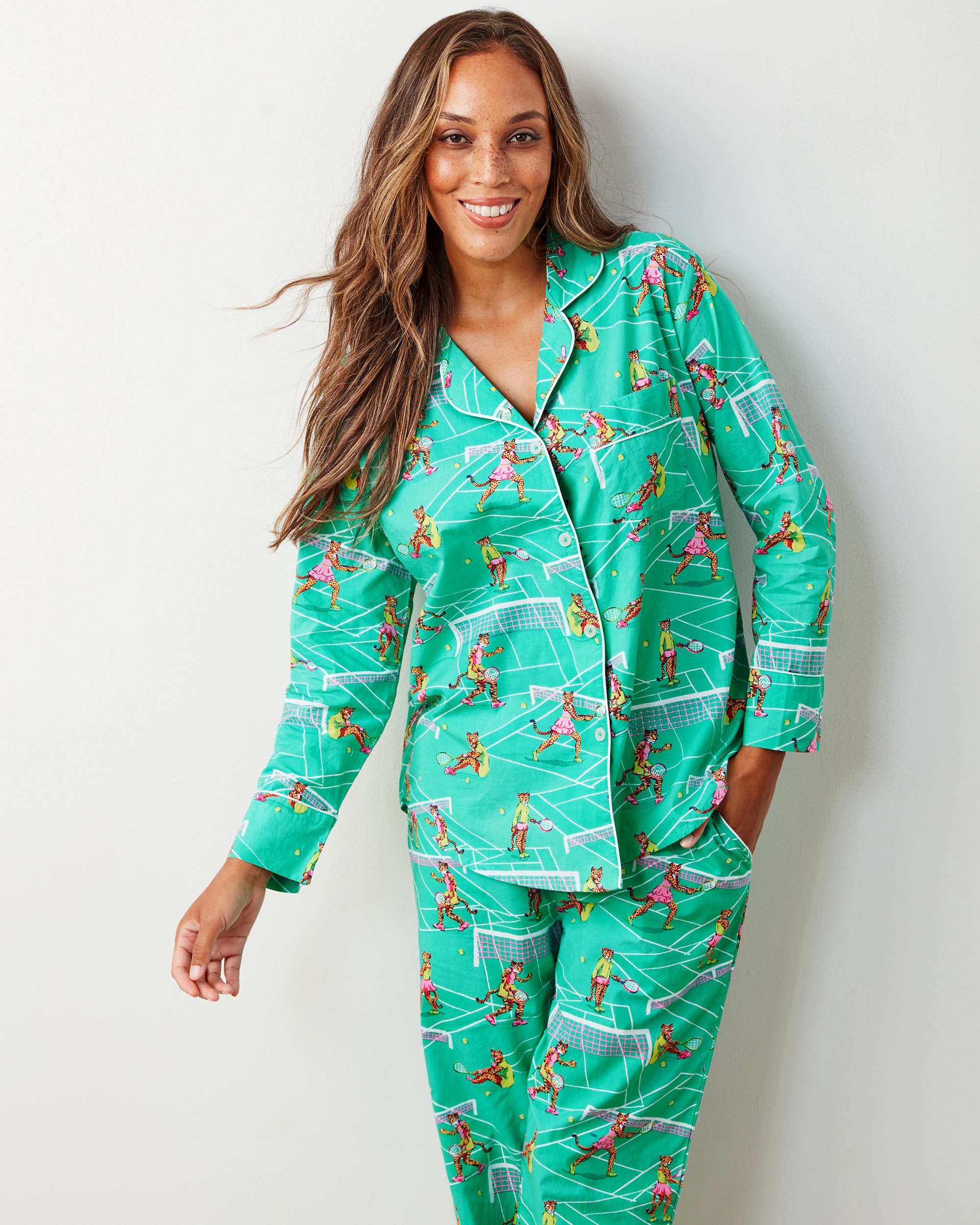 Courtside Cats - Long PJ Set - Tennis Teal - Printfresh