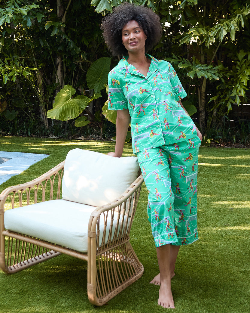Courtside Cats  - Short Sleeve Top & Cropped Pants Set - Tennis Teal - Printfresh