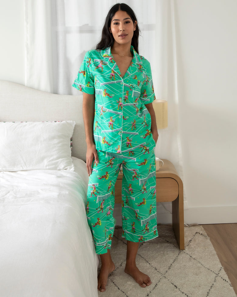 Courtside Cats  - Short Sleeve Top & Cropped Pants Set - Tennis Teal - Printfresh