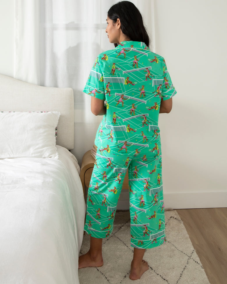 Courtside Cats  - Short Sleeve Top & Cropped Pants Set - Tennis Teal - Printfresh
