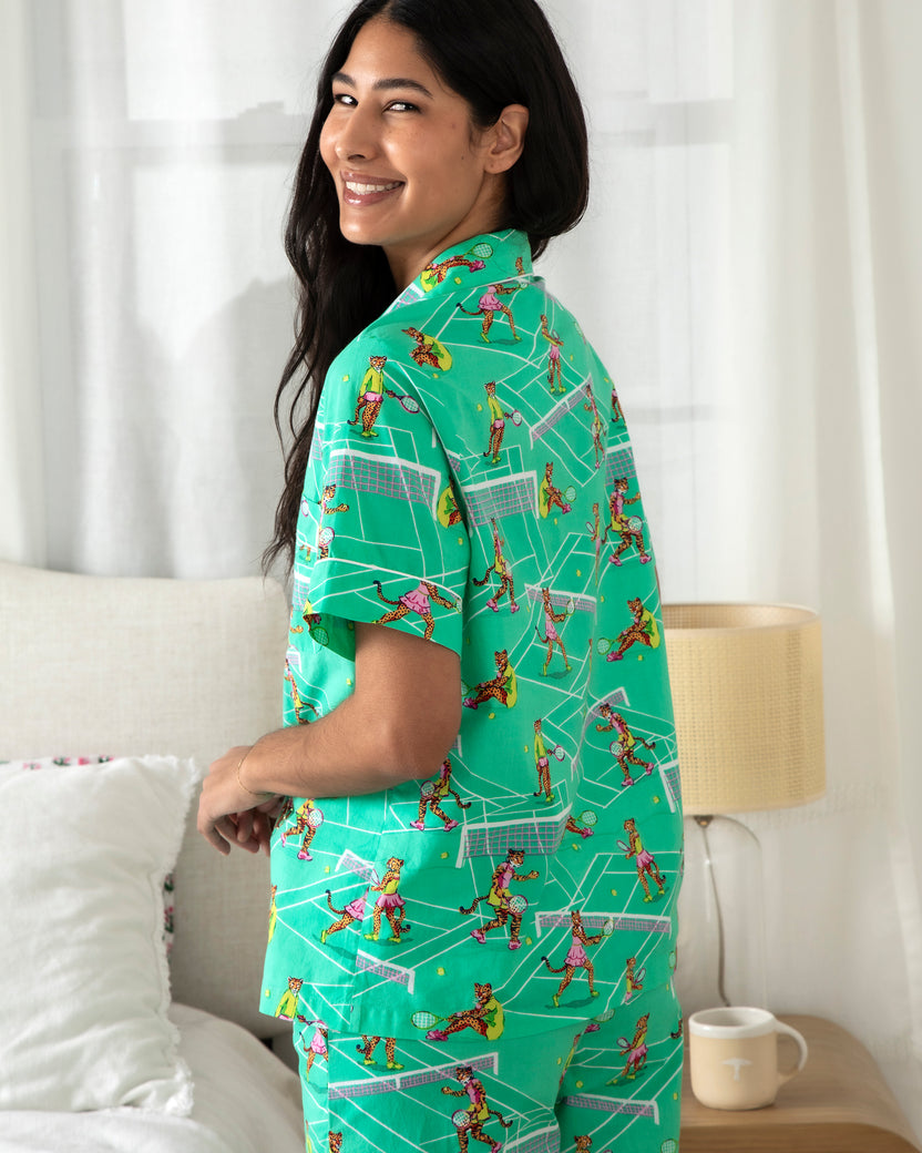 Courtside Cats  - Short Sleeve Top & Cropped Pants Set - Tennis Teal - Printfresh
