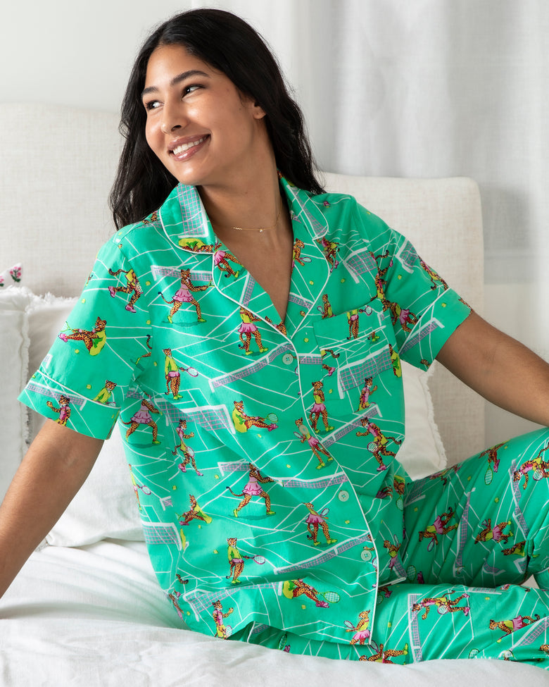 Courtside Cats  - Short Sleeve Top & Cropped Pants Set - Tennis Teal - Printfresh