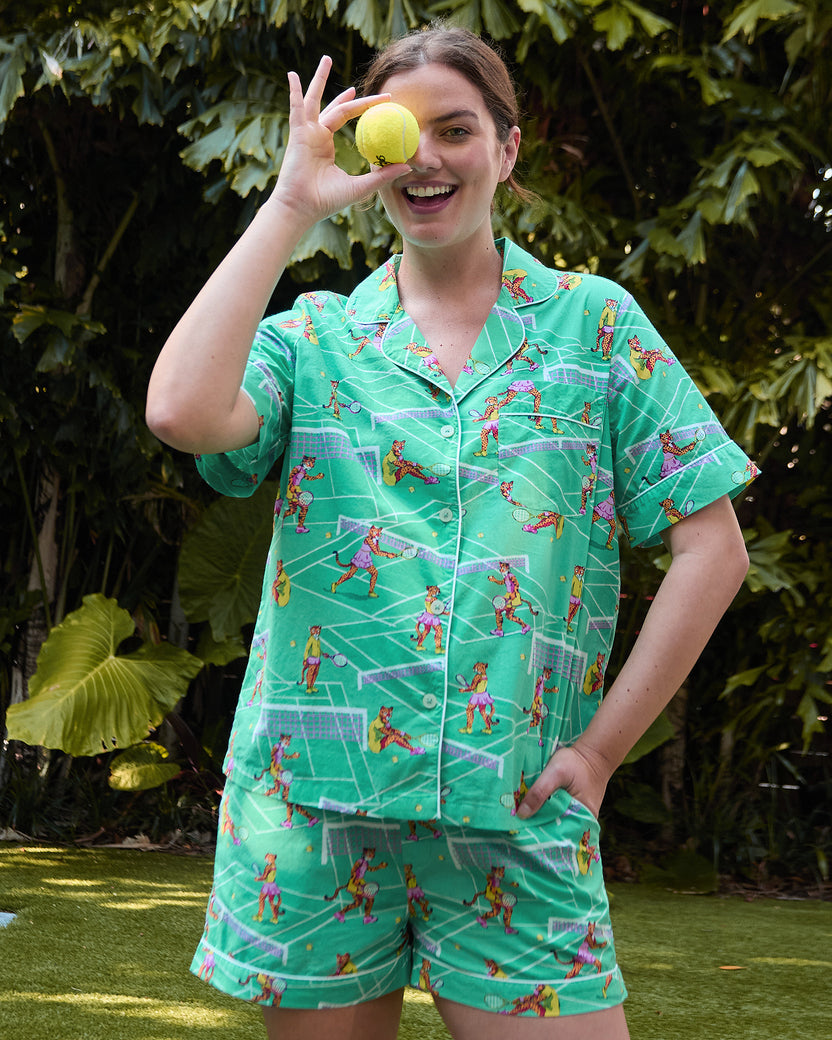 Courtside Cats  - Short PJ Set - Tennis Teal - Printfresh
