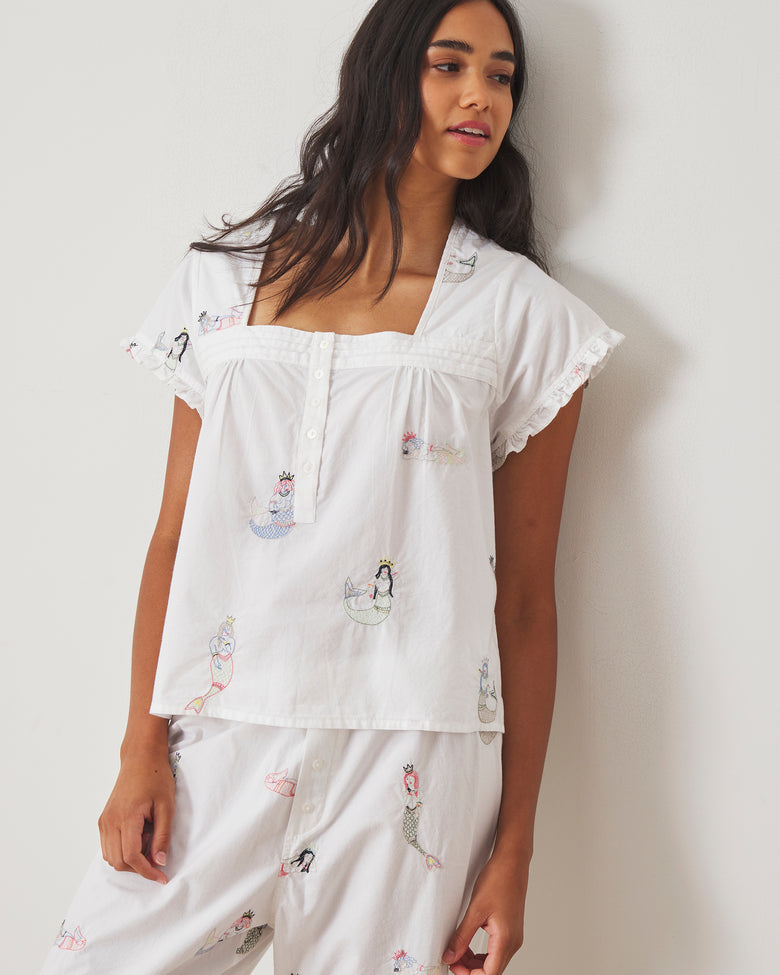 Daughters of Triton - Pintuck Cropped Pant Set - Cloud - Printfresh