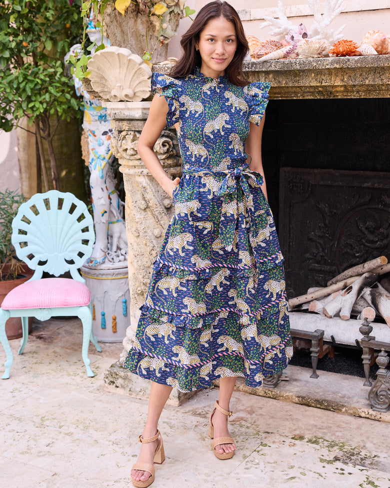Organic Cotton Smocked Ruffle Sleeve Midi Dress with Pockets and Belt in Leopard Bagheera | Women's Plus Size 1X | Navy Organic Cotton Smocked Ruffle Sleeve Midi Dress with Pockets and Belt in Leopard Bagheera | Women's Plus Size 1X | Navy