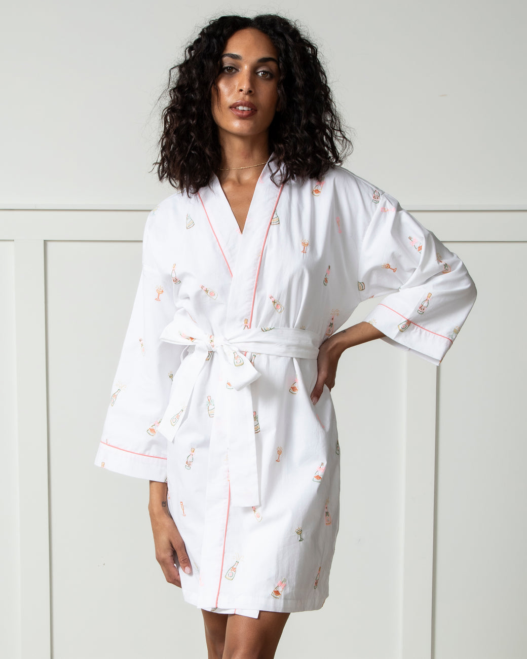 Printfresh Robe Embroidered Bubbly Brunch - Women's Cotton Getting Ready Robe - Cloud