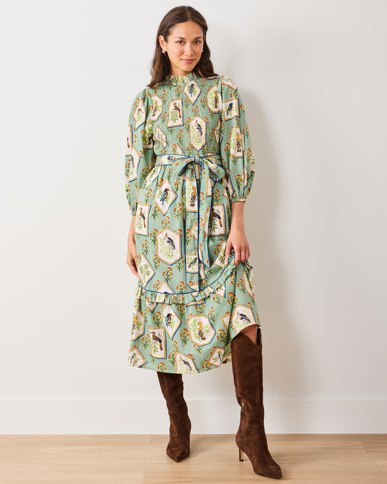 Organic Cotton 3/4 Sleeve Smocked High-Neck Midi Dress in Birds Of India | Women's XS | Green Organic Cotton 3/4 Sleeve Smocked High-Neck Midi Dress in Birds Of India | Women's XS | Green