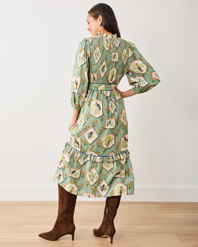 Organic Cotton 3/4 Sleeve Smocked High-Neck Midi Dress in Birds Of India | Women's XS | Green Organic Cotton 3/4 Sleeve Smocked High-Neck Midi Dress in Birds Of India | Women's XS | Green