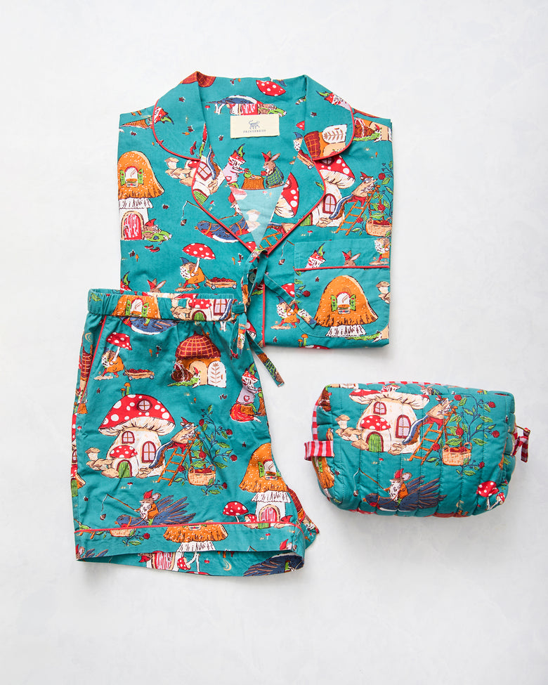 Autumn Critters - Short PJ Set & Large Pouch Bundle - Teal - Printfresh